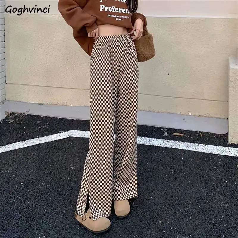 

Pants Women Retro Plaid Side-slit Design Fashion Lady Spring Streetwear Mopping Bottom Aesthetic Elastic Waist Wide Leg Trouser