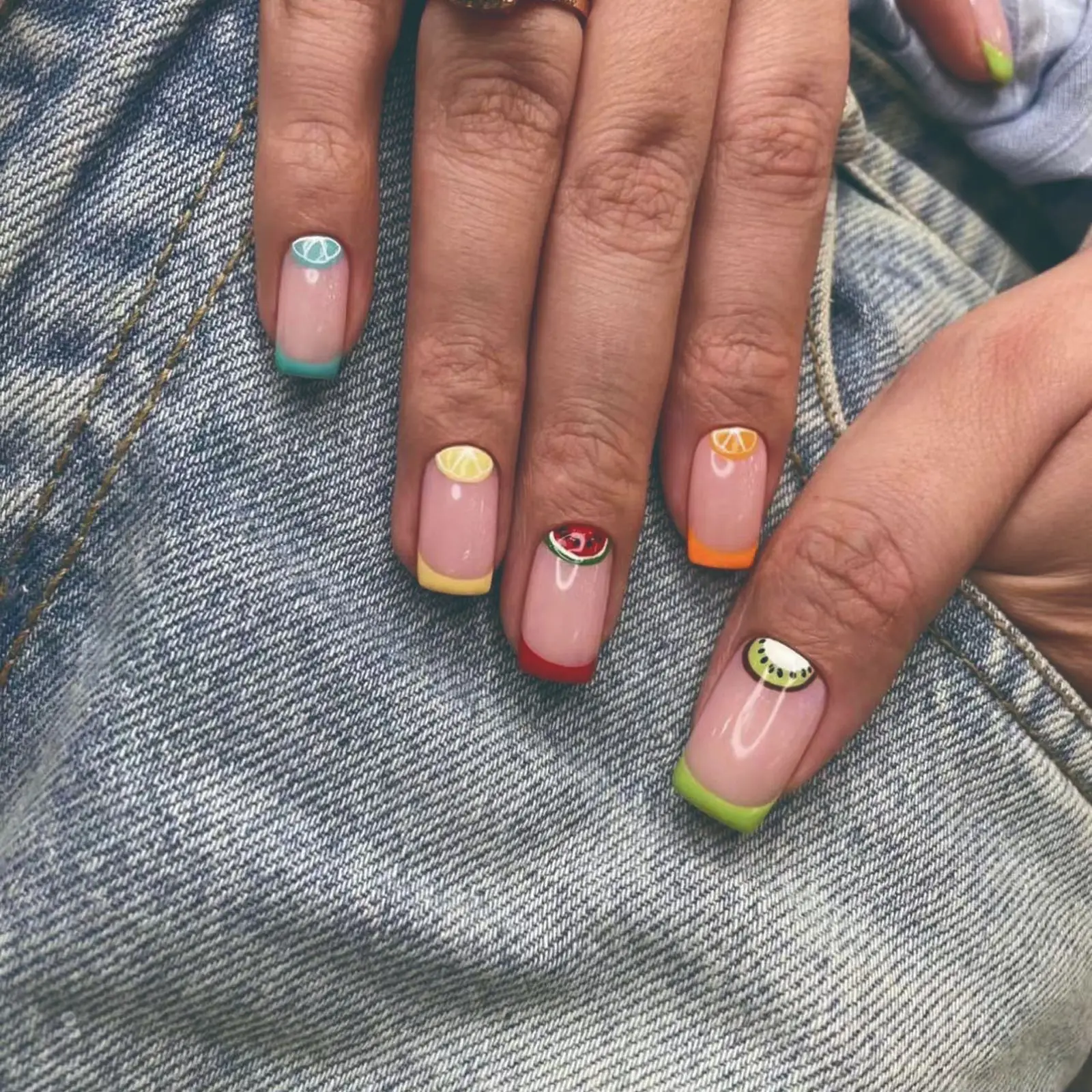 Short Square Fake Nails with Fruit Designed Summer Watermelon Printed Press on Nails French Style Wearable False Nails for Women