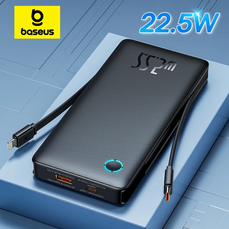 Baseus 22,5 W Power Bank 10000 mAh met twee ingebouwde kabels PD snel opladen voor iPhone 15 Pro Max, laad 4 apparaten tegelijk op