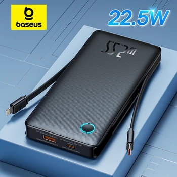 Baseus 22,5 W Power Bank 10000 mAh con dos cables incorporados PD carga rápida para iPhone 15 Pro Max, carga 4 dispositivos de una sola vez