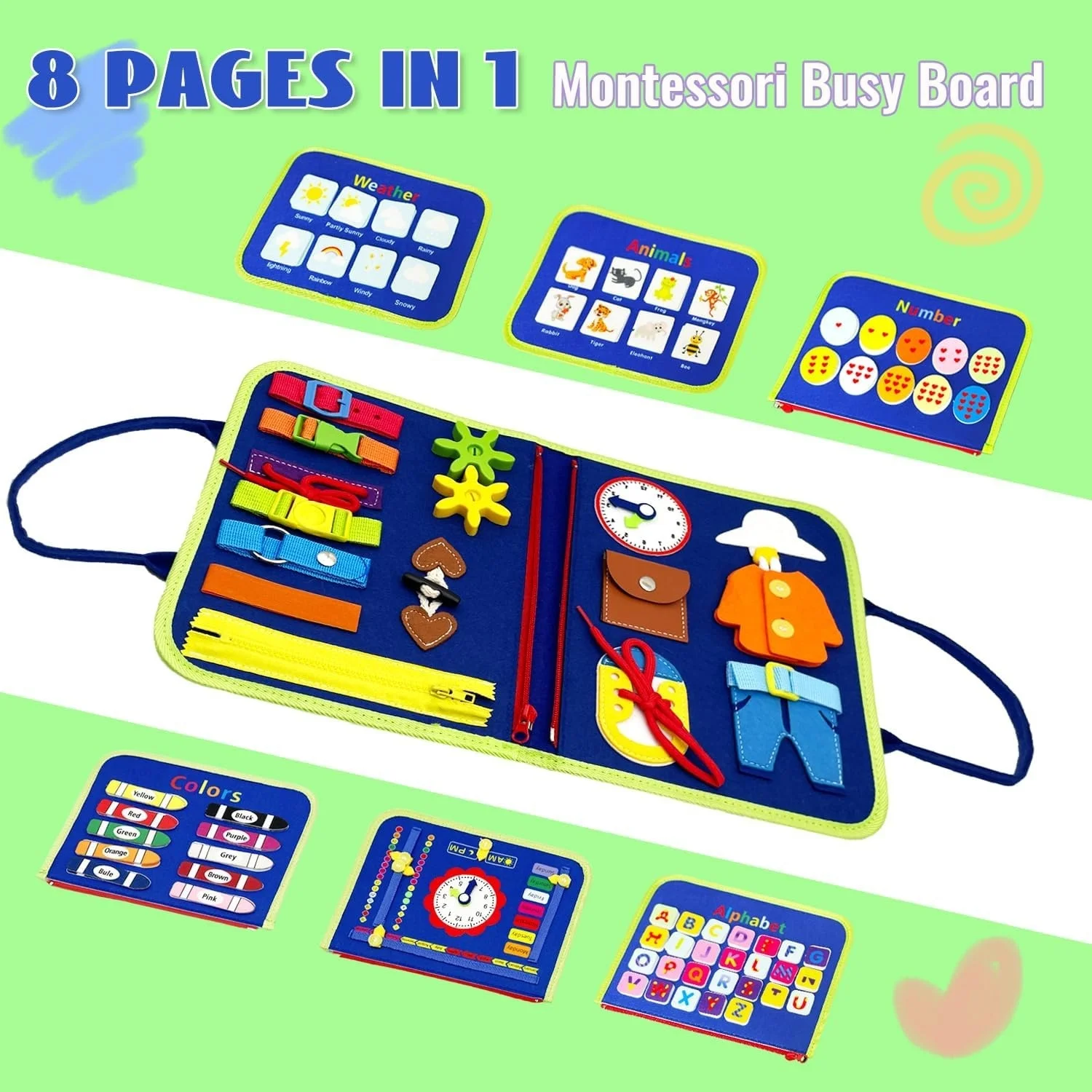 Blue Dinosaur Felt Quiet Busy Board for Toddlers, Life Skill Zip Dress Button Activity Book, Alphabet Number Shape Animal Weather Color Matching Travel Sensory Educational Toy Gift for Little Boys view 5