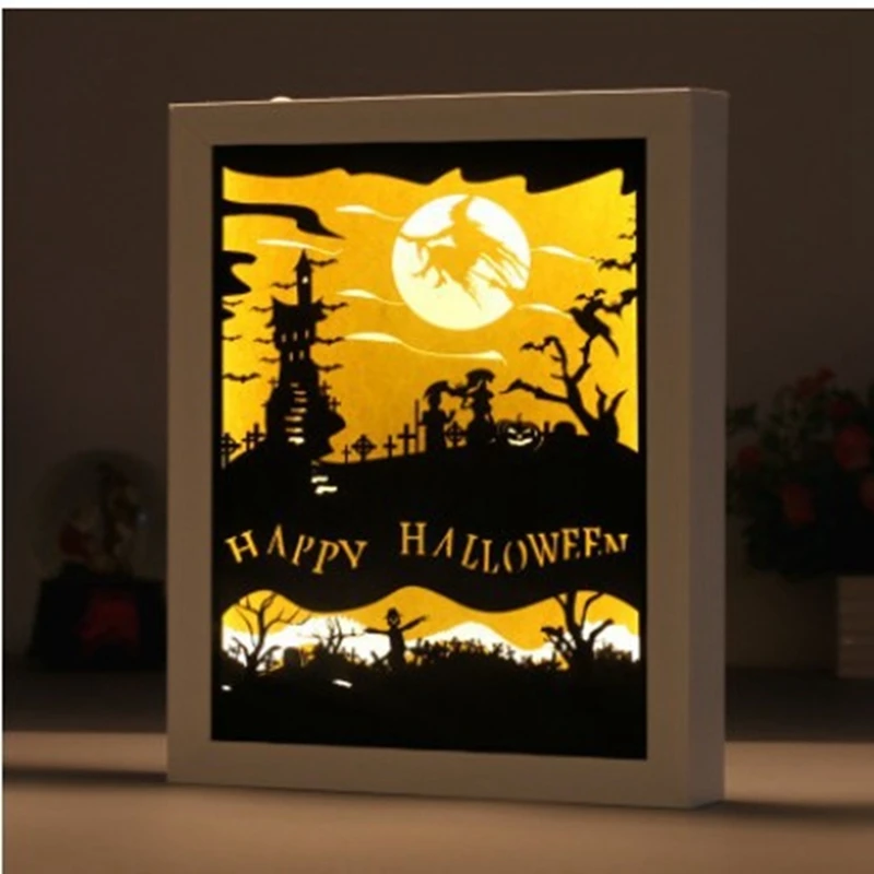 1 Piece Halloween 3D Paper Carving Light, Creative Shadow Painting Desk Lamp As Shown Wood+Plastic DIY Creative Nightscape