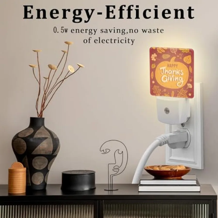 Happy Thanksgiving Night Light for,Autumn Fall Orange Pumpkin Maple Leaf Night Light Plug in with Dusk to Dawn Sensor, 0.5w Ene 4