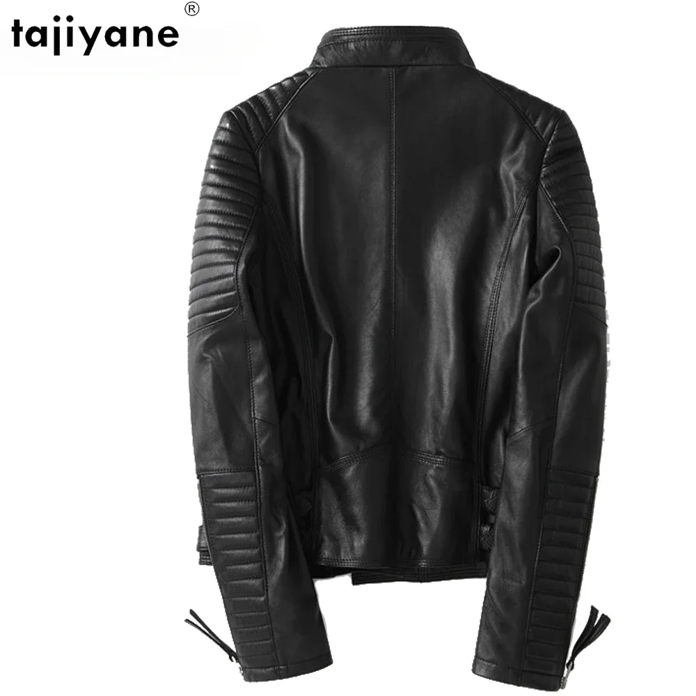 Tajiyane 여성용 루즈한 캐쥬얼 바이커 재킷, 여성 상의, 블랙 및 레드, 진짜 가죽 코트, 아웃웨어, BF 스타일