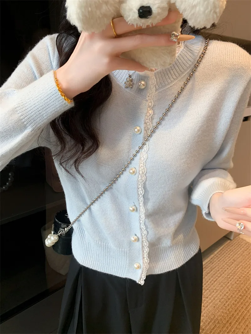autumn and winter sweet soft cardigan lace patchwork round neck long sleeved knitted sweater for women