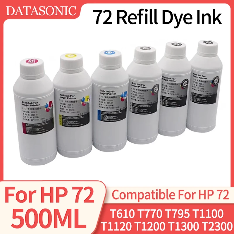 1 ~ 6pcs 500ML tinta corante HP72 72 tinta hp72 recarga de tinta para HP Designjet T610 T770 T795 T1100 T1120 T1200 T1300 T2300 plotter