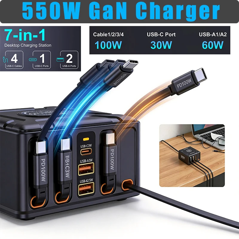GaN Fast Charger 550W 7-in-1 Charging Station with 100W Retractable USB C Cable for MacBook Pro iPhone 17 Samsung Laptop Tablet