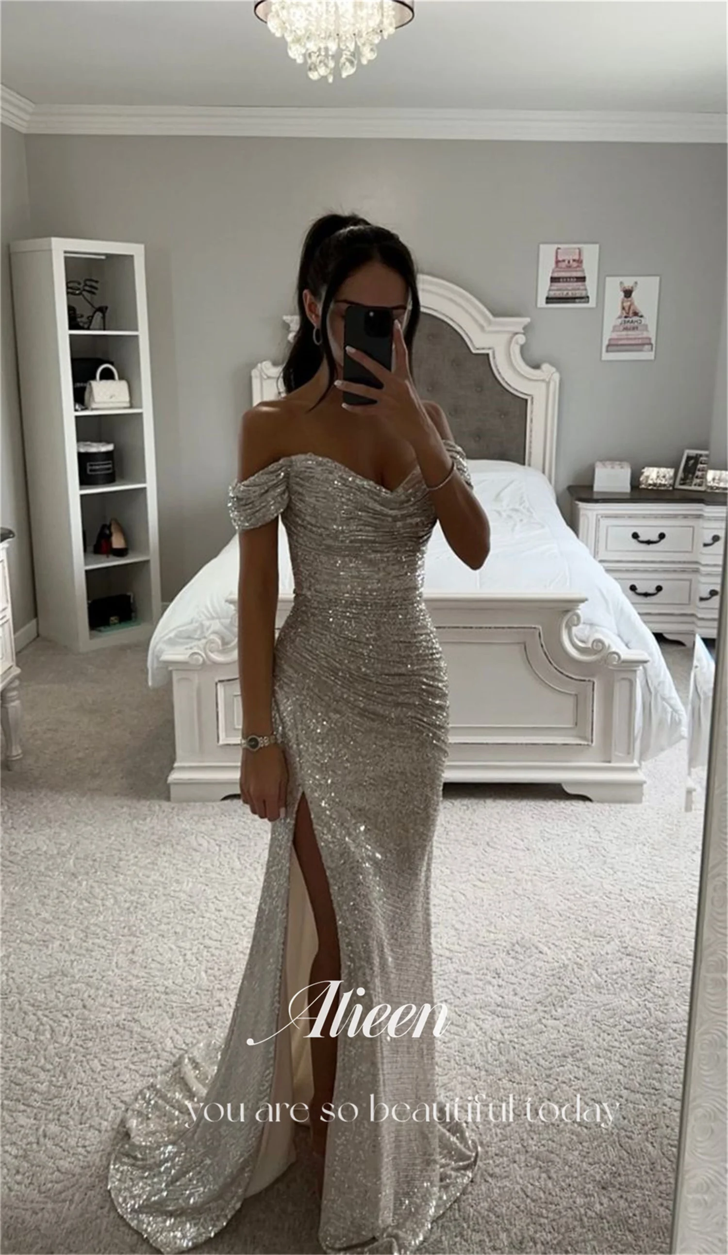 Aileen Sparkling Trumpet Prom Gown Shiny Off Shoulder Prom Dress Flashing فستان سهرة Sexy Side Split Fishtail Vestido De Novia