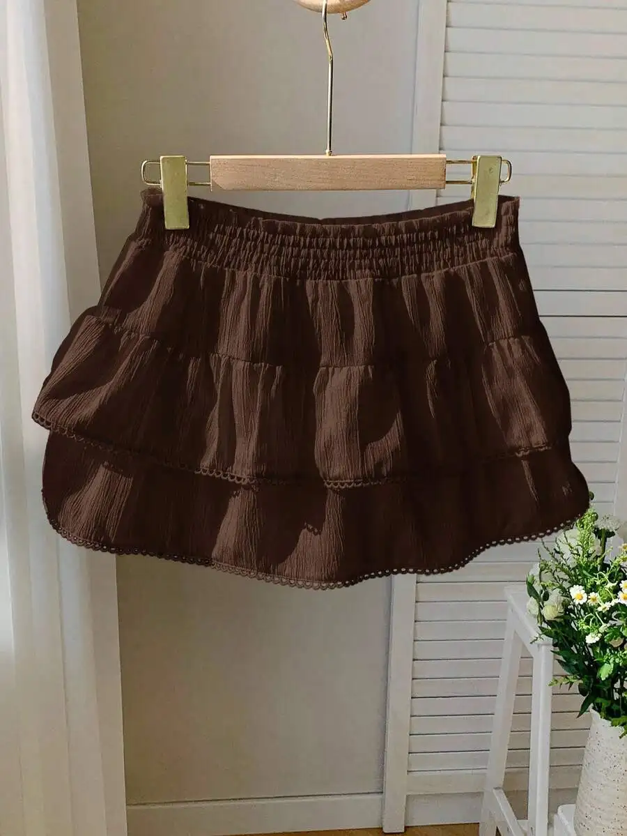 

Brown Tiered Ruffle Lace Hem Skirt Casual Women Summer Mini Skirt