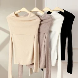 Women's Korean Version New Boat/Slash Neck Imitation Wool  Long-sleeved Thin Warm Base Shirt High Stretch Knitwear Top for Lady