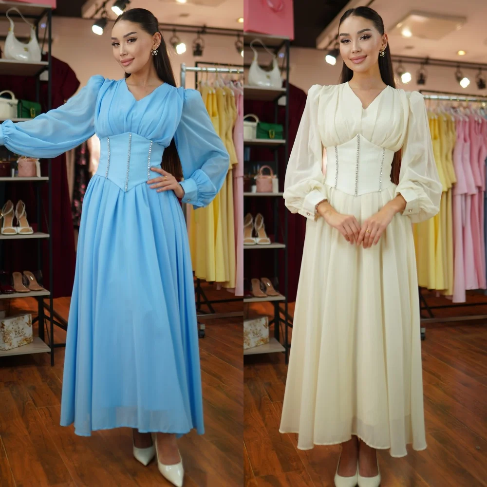

Customized Chiffon Pleat V-neck A-line Midi Dresses High Quality Bespoke Occasion Evening Elegant Party Sparkle Sizes Available