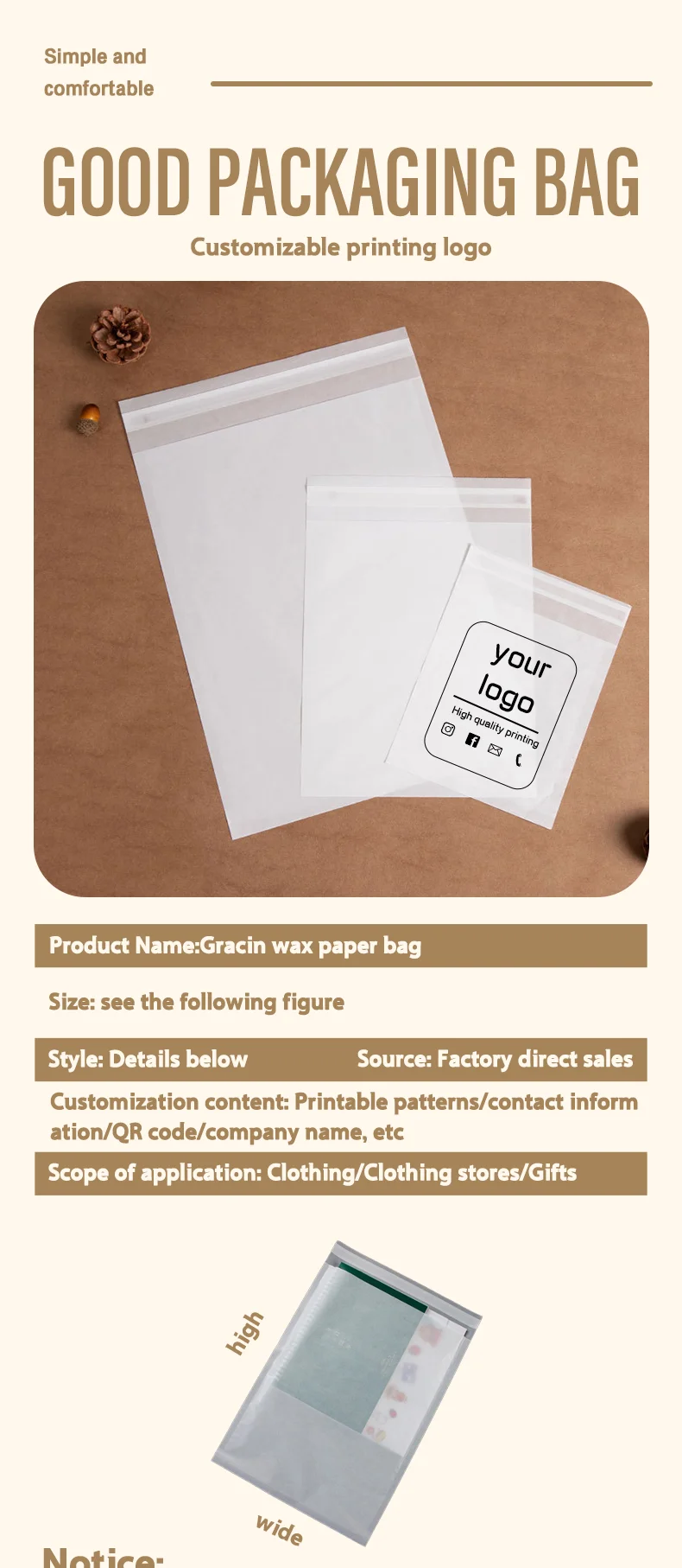 50 Stück umweltfreundliche, biologisch abbaubare Pergament-Ölwachspapiertüten für Kleidung und Accessoires-Verpackungen, anpassbar mit Logo – Detail 1