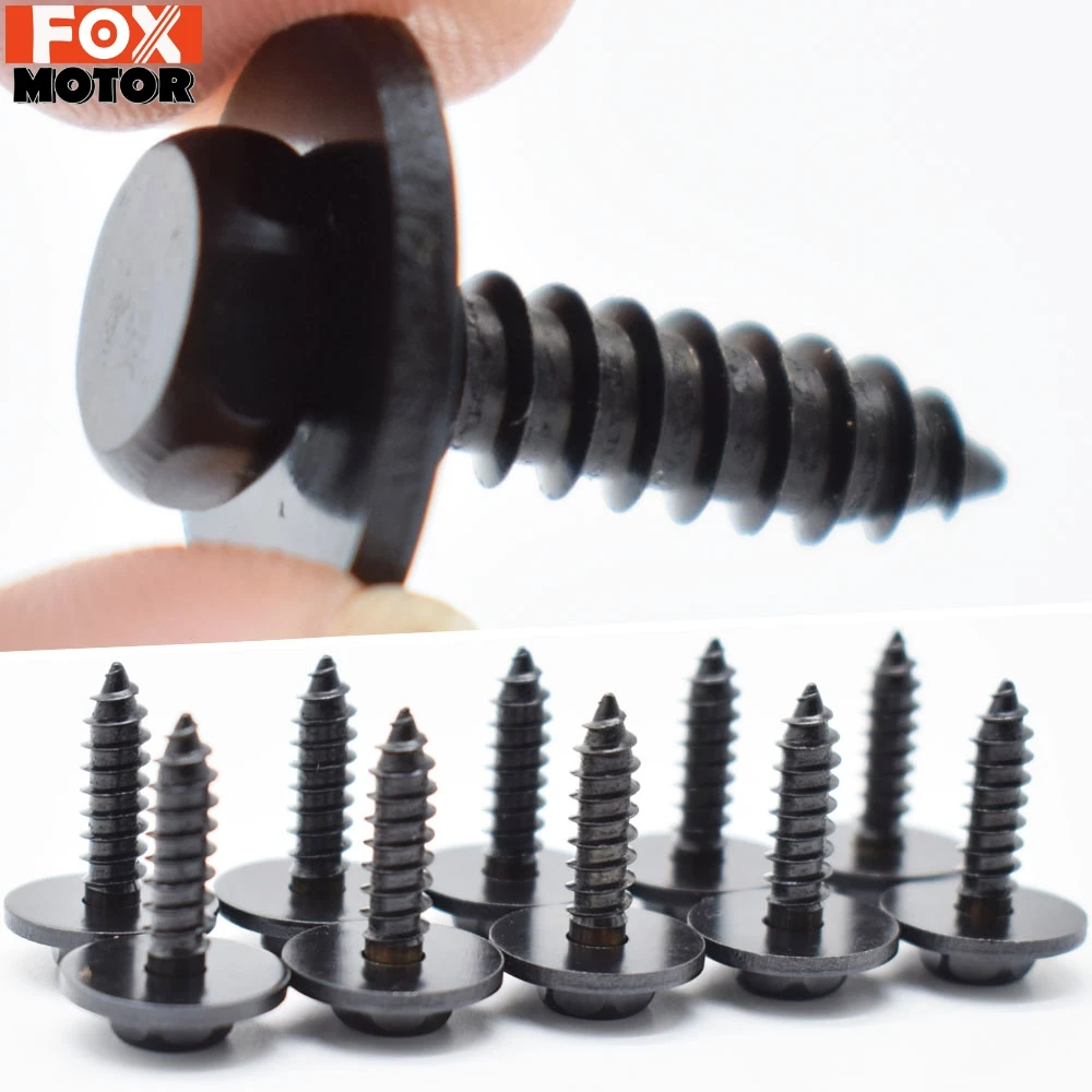 10pc 5mm License Plate Screws Universal Car Auto Self-Tapping Screw Bolt Hex Washer Head Black Car Accessories