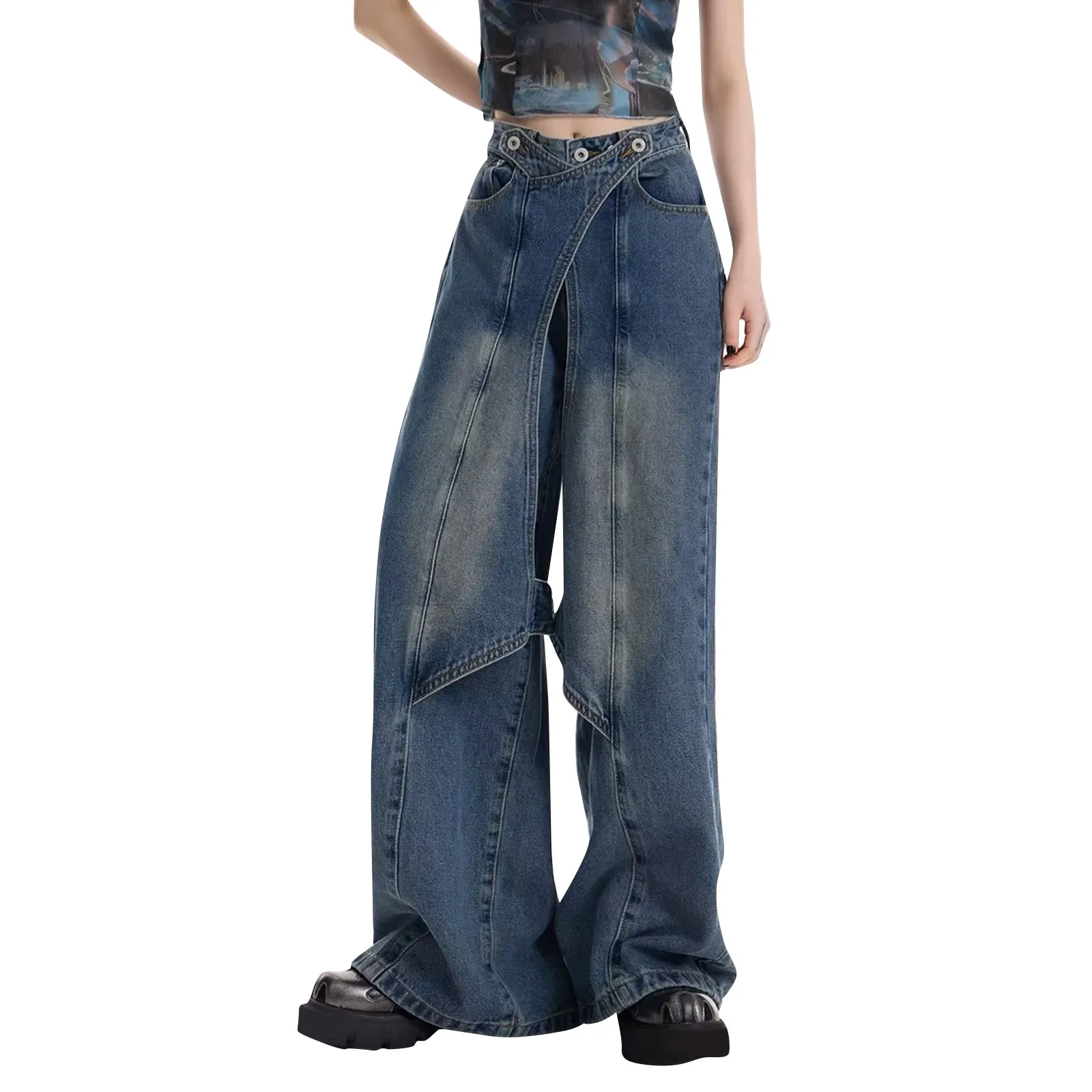 

Y2k Jeans Retro Midi Waisted Baggy Jeans Punk Hip Hop Men Women Wide Leg Straight Denim Pants Slouchy Streetwear