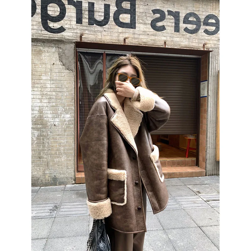 Korean Style Vintage Suede Lamb Wool Coat Fashion Texture Thicken Warm Winter Women's New Jacket High-End Design Sense Pop Coat