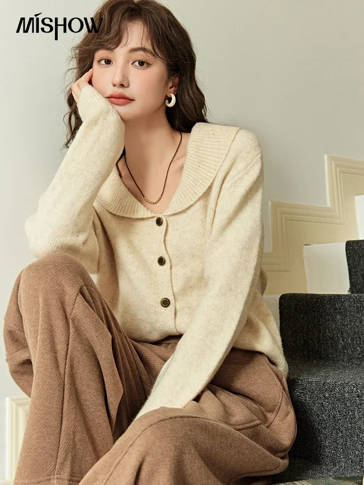 MISHOW Retro Single-breasted Knit Cardigan for Women Autumn Winter Peter Pan Collar Button Loose Solid Soft Tops MXC51Z0335