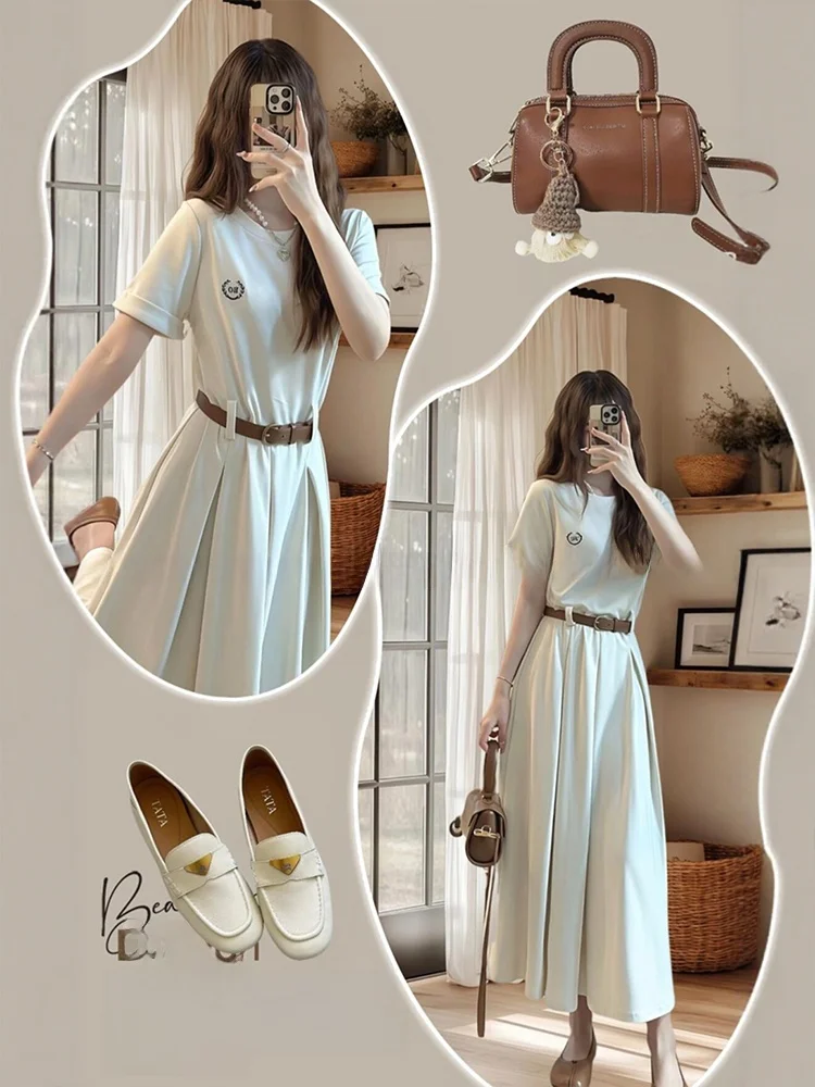 Chic rond Ne T-shirt épissé Dr femmes grande taille été minceur jupe Midi français Sle taille haute fibre de Polyester