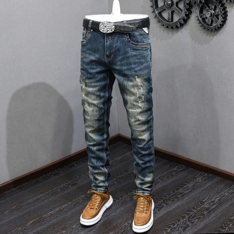 Fashion Designer Men Jeans High Quality Retro Washed Blue Stretch Slim Fit Ripped Jeans Men Patched Vintage Denim Pants Hombre