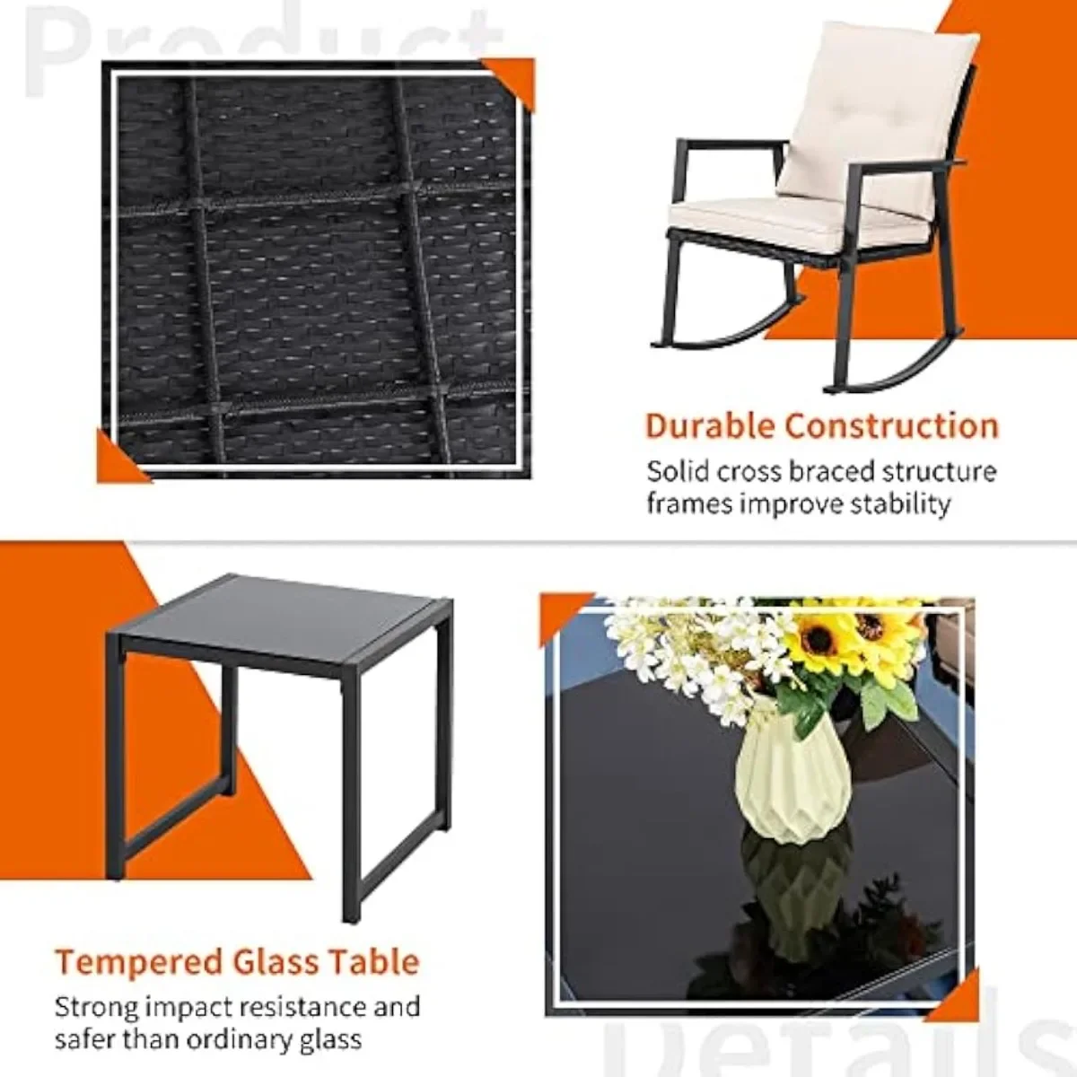 Outdoor Wicker Rocking Chair Set, Bistro Conjuntos com Mesa de Café e Almofadas, Metal Frame Mobiliário Pátio, Bege, 3 Pcs