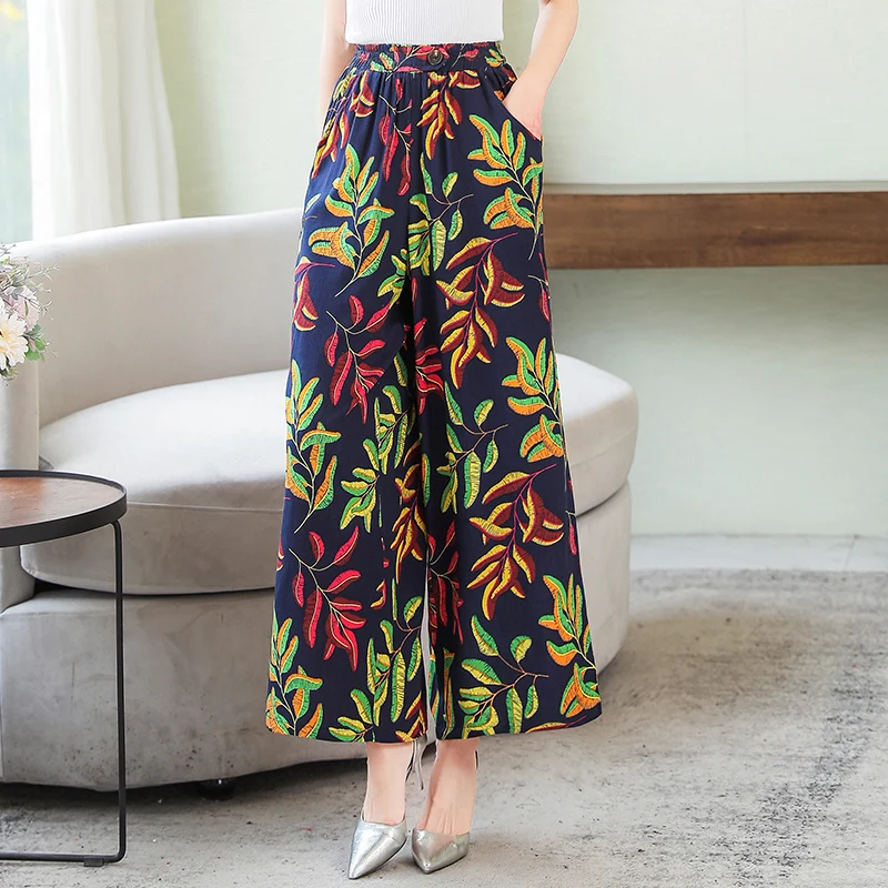 Summer Wide Leg Pants Women Loose High Waist Beach Ankle-Length Trousers Summer Casual Retro Print Plaid Pants