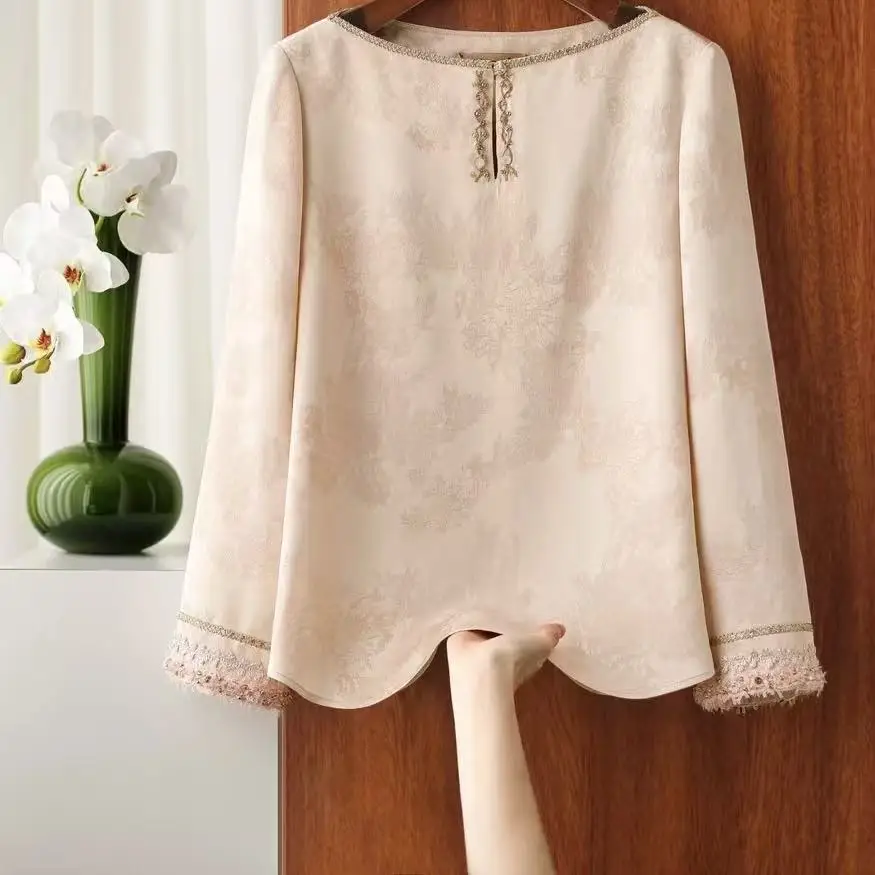 

Loose Long Sve Women's T-irt Embroidered Slimming Pattern Spring Autumn New Sle Lazy Sle Base irt Floral Print