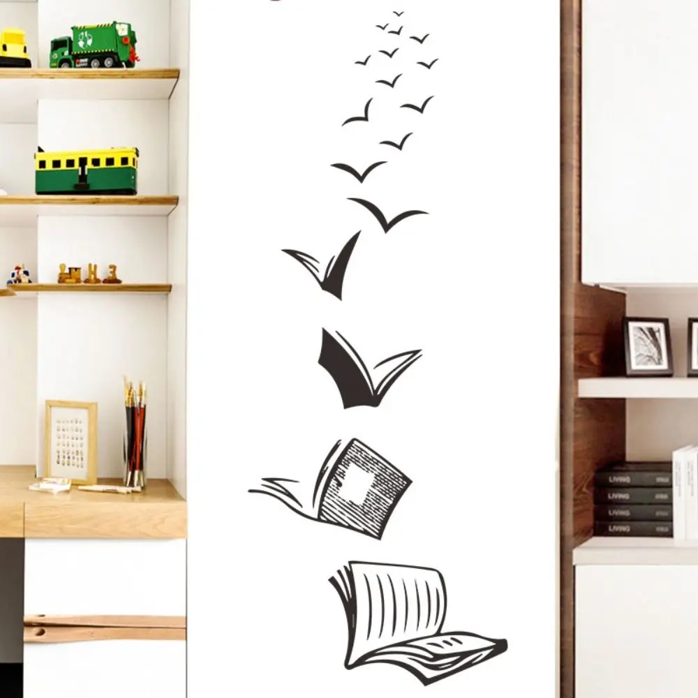 Home Decor Self-adhesive Open Book Fly Birds Wall Sticker Book Knowledge Book Proverbs Wall Decal Textbook PVC Bedroom