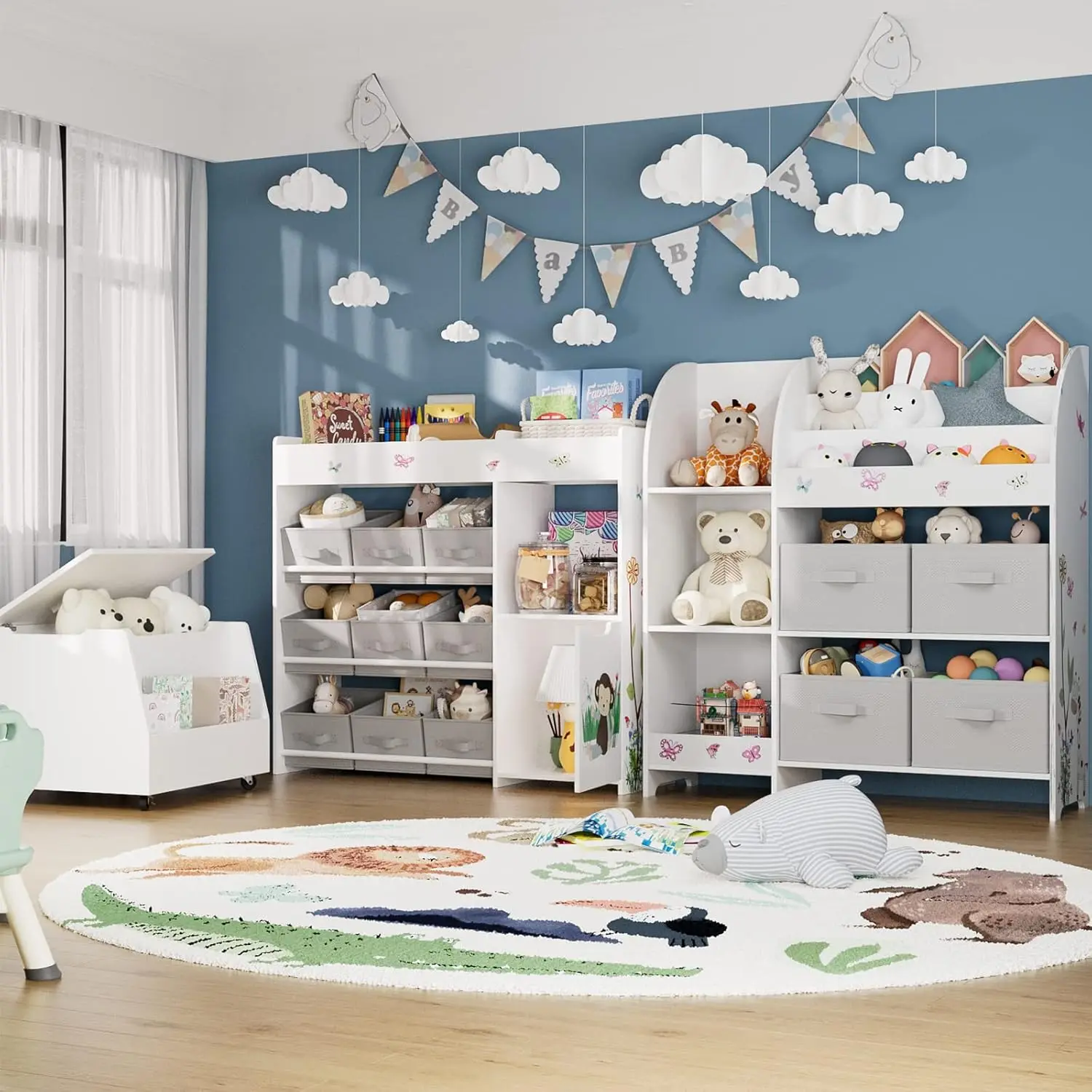 Kids Toy Storage Organizer with 4 Fabric Bins, 3-Tier Book Rack and Open Cubbies for Playroom