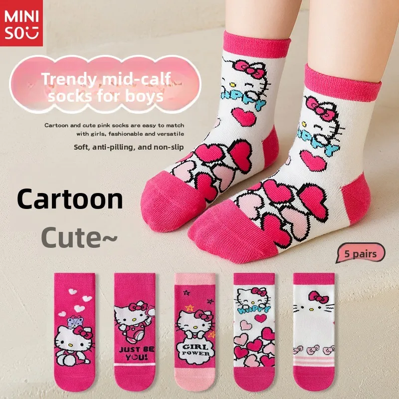 

Miniso Hello Kitty Socks 5-Pack | Japanese Style Cute Socks | Kawaii Mid-Calf Socks for Girls