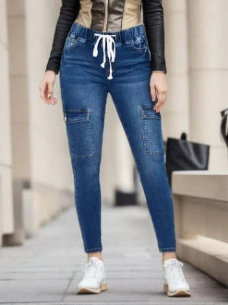 

New Women's Casual Drawstring Elastic Waist Jeans Personalized Street Style Fashion Slim Fit Hip Lifting Small Leg Denim Pants