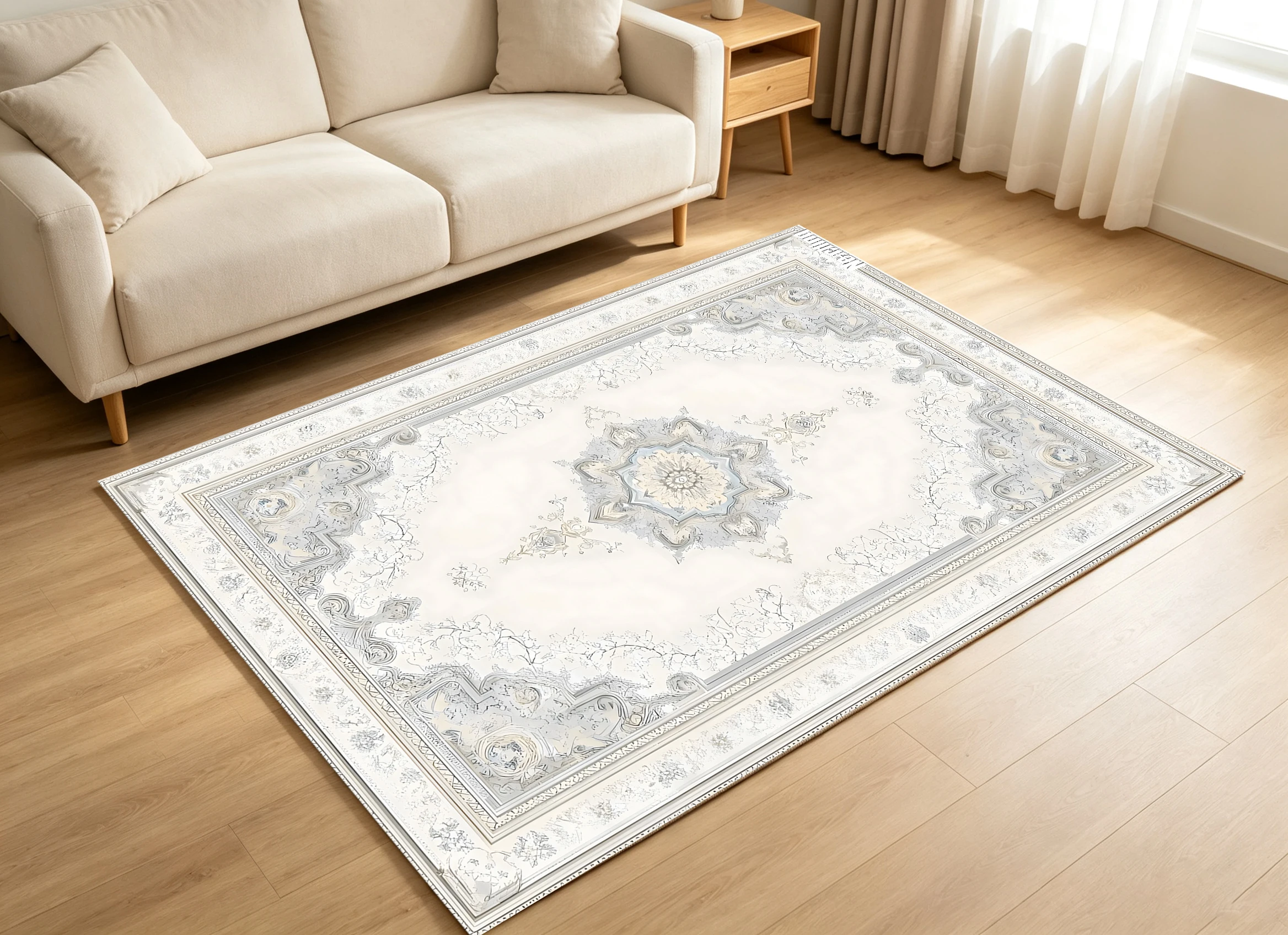 2D Large Rug, Light Beige, European Symmetrical Floral Pattern, Light French Style, Suitable for Living Room and Bedroom, One-Click Refresh for Autumn and Winter Decoration