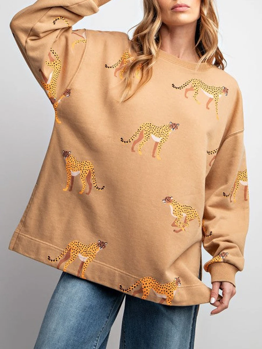 

Women Loose Sweatshirts Long Sleeve Round Neck Side Split Fashion Leopard Print Workout Pullovers Tops Autumn Casual Streetwear