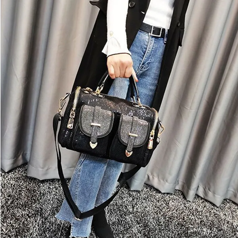 Fashion Women Mesh Netting Iridescent Paillette Rhinestone Messenger Bag Lady Casual Shiny Office Pockets Portable Handbag