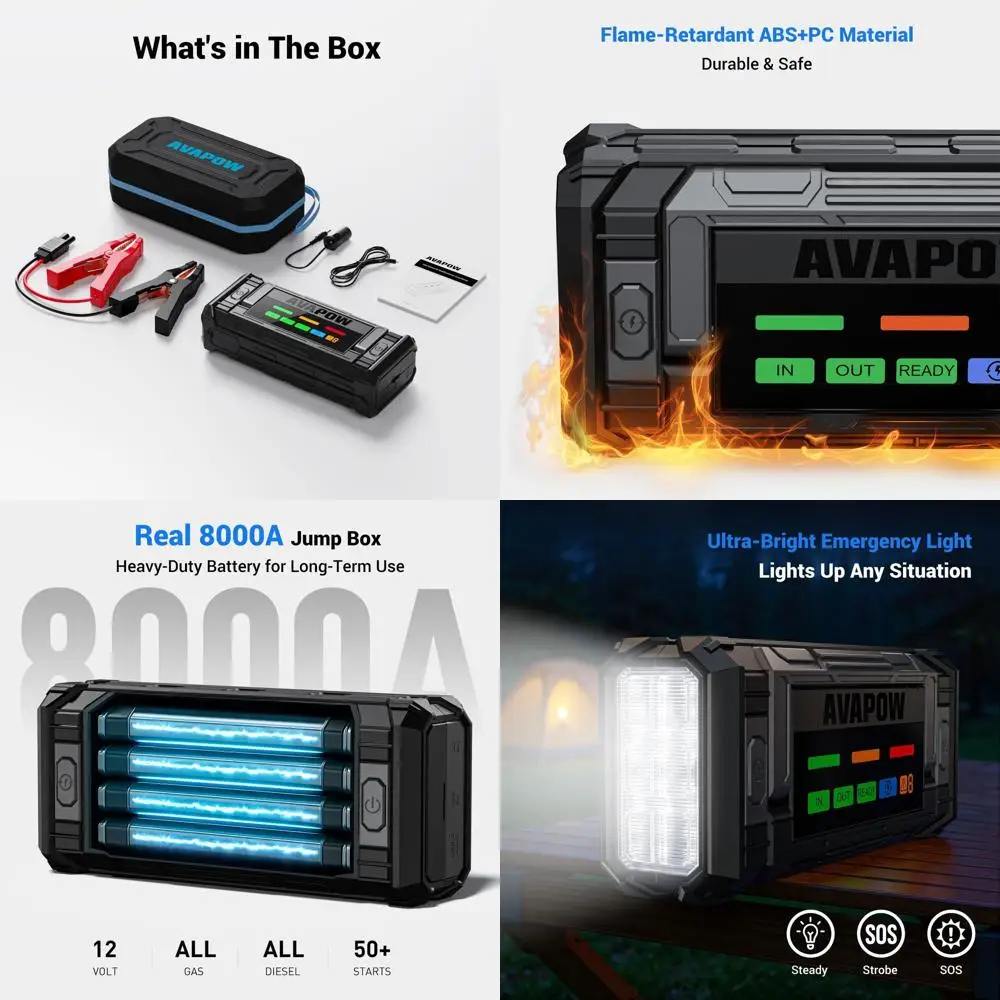 

Портативная перемычка для аккумулятора 8000А с 4-дюймовым HD-дисплеем PD 30 Вт, двусторонняя быстрая зарядка, автомобильный стартер 12 В и усиление аккумулятора