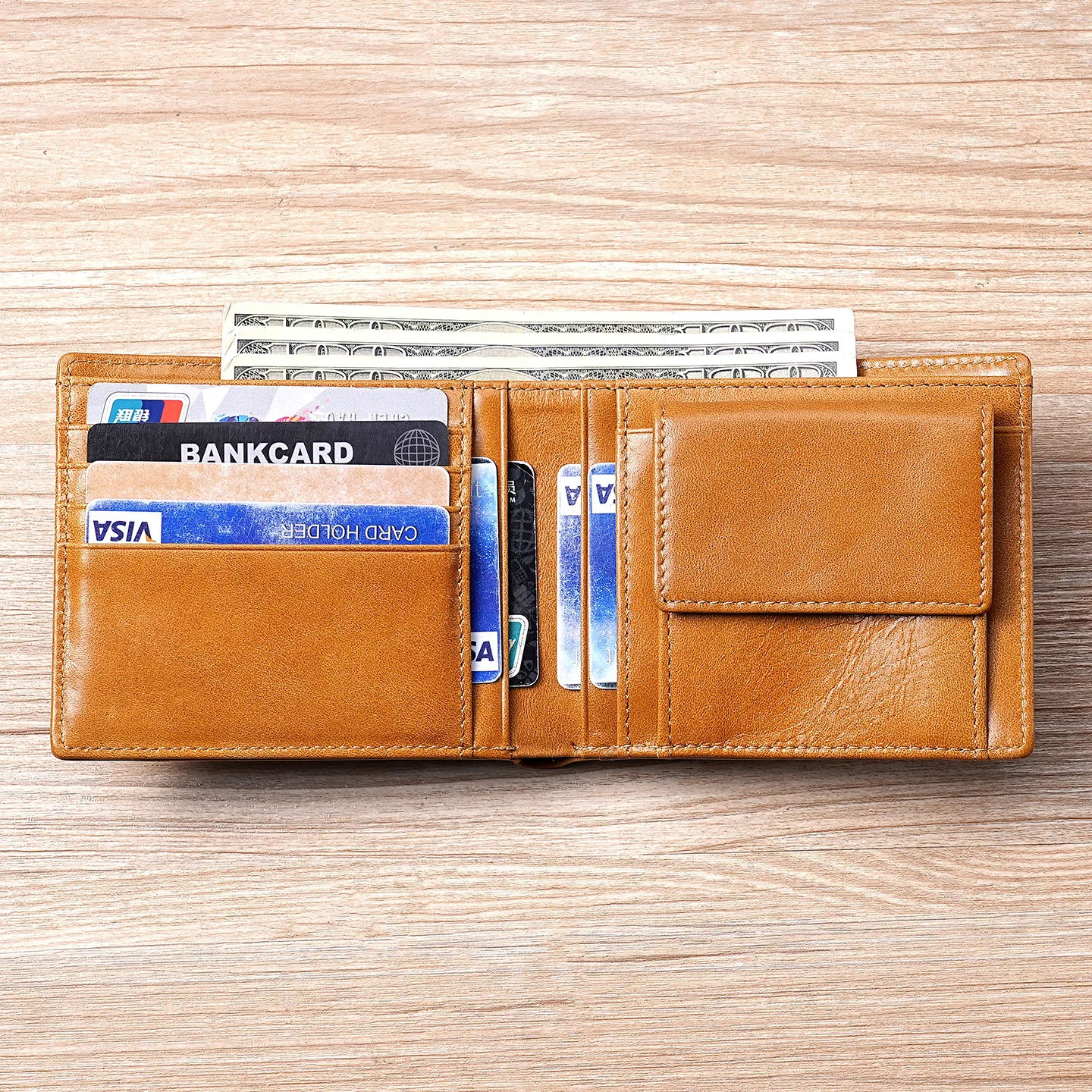 RFID Blocking Waxed Leather Men's Wallet - Anti-Theft Slim Bifold with Magnetic Card Slot, Top Grain Leather