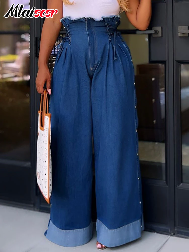 

Mlaiscsr Casual Denim Blue Wide Leg Pants Women Autumn High Waist Lace Up Side Split Button Washed Cargo Baggy Jeans Streewear