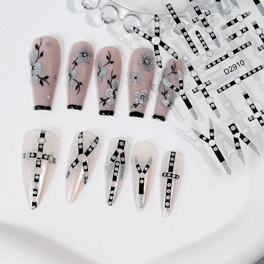 1 pçs gótico punk linha preta etiqueta da arte do prego glitter preto bandagem design adesivo decalques de unhas diy listras acessórios manicure