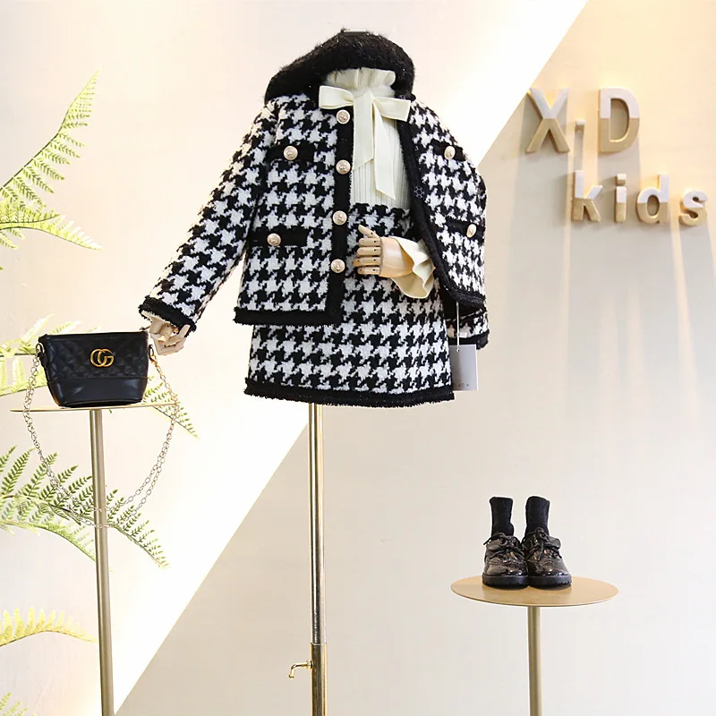 

Two Pieces Korean Style Spring Autumn Girls Clothes Black Plaid Pearl Button Decorated Coats Skirts Single Breasted Cardigan