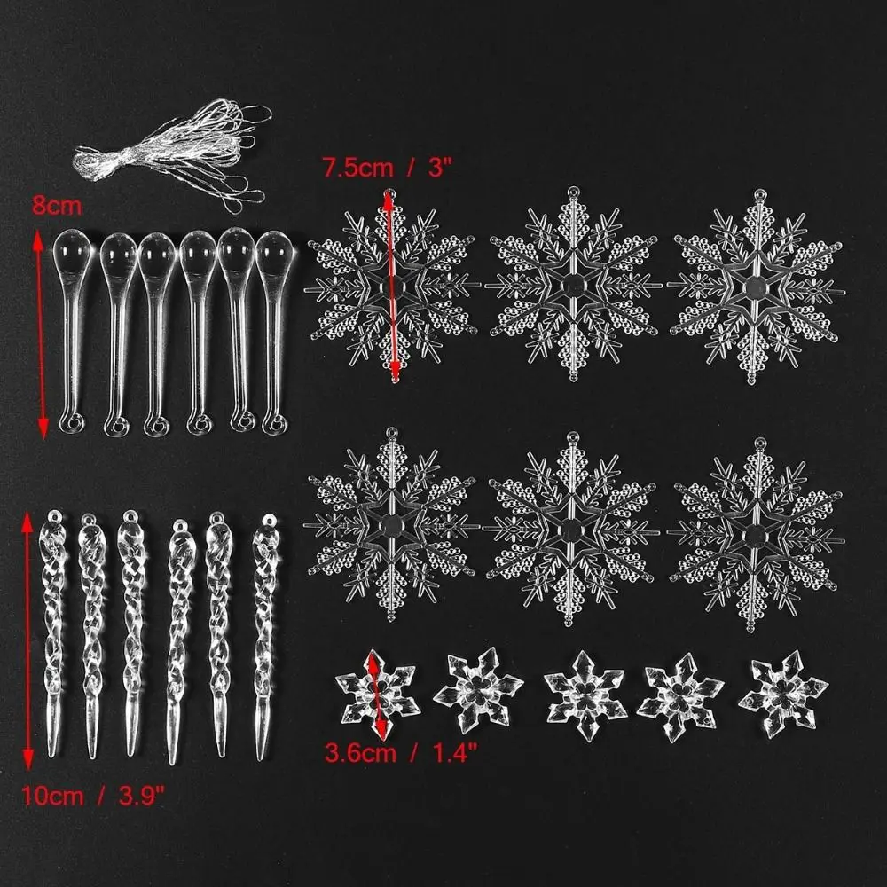 24pcs Acrylic Crystal Snowflake Icicle Pendants Clear DIY Christmas Tree Hanging Ornament Christmas Tree Decoration Navidad