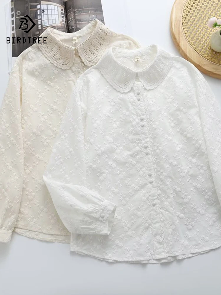 

Новая женская хлопковая рубашка с длинным рукавом Весна 2026, с отложным воротником и вышивкой, в стиле Mori Girl, с французским кружевом, тонкая свободная блузка T63955CC