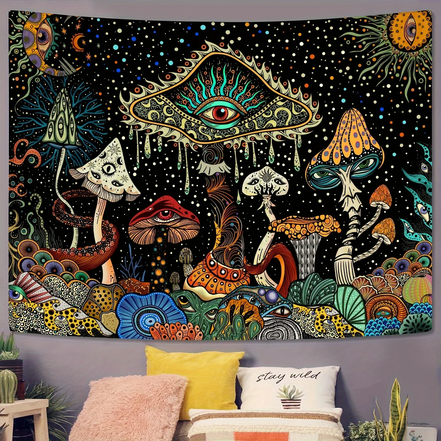 Bohemian Psychedelic Mushroom Eye Art Tapestry Polyester Wall Hanging Boho Home Decor Cosmic Visionary Pattern for Trendy Witchy