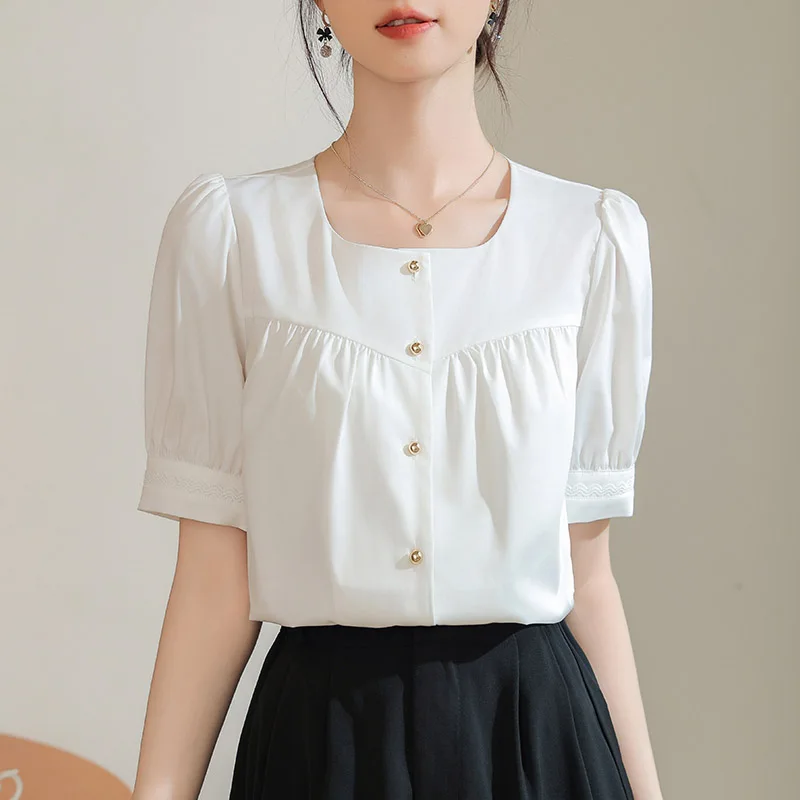 Women Clothing French Elegant Solid Short Sleeve Shirts Summer Fashion Patchwork Folds White Blouses Office Lady Chic Sweet Tops