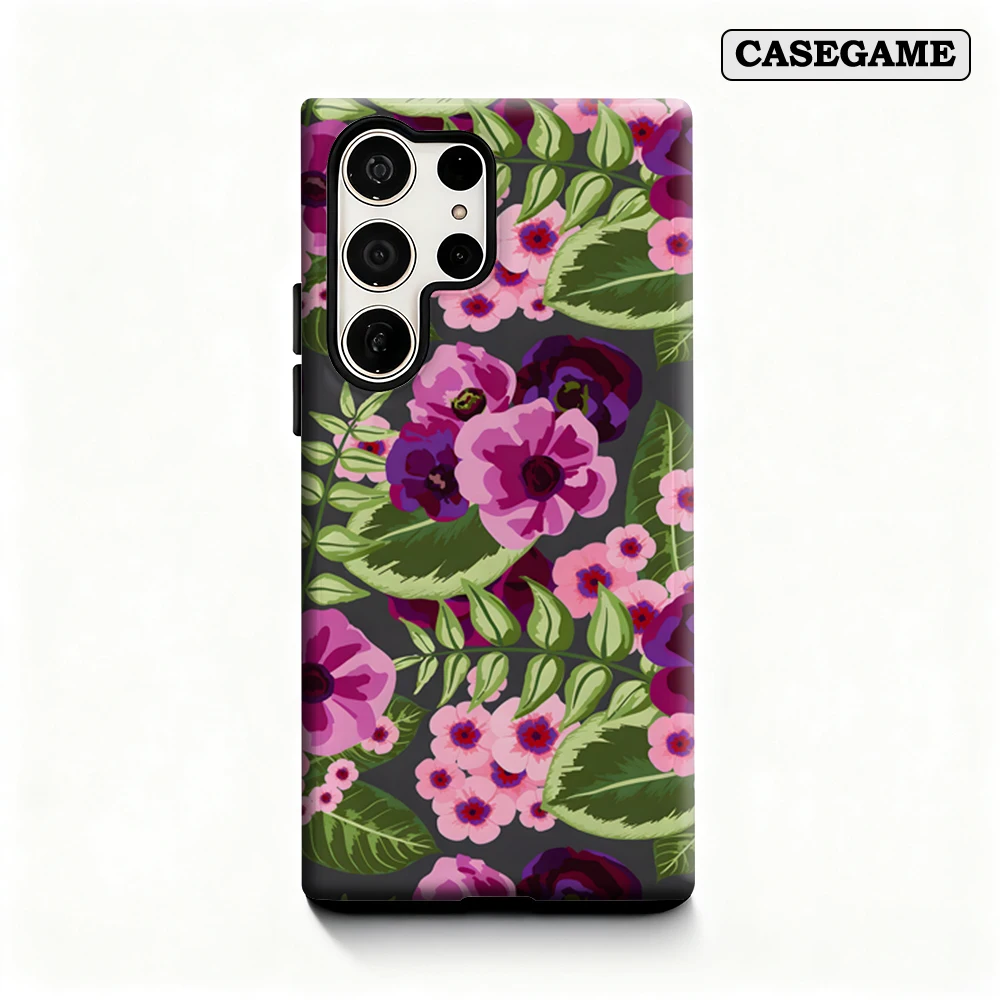 Casegame Phone Case for Samsung Galaxy S25 S26 Ultra S24 S23 Ultra Plus Shockproof Double Layer Dark Floral Leaves Cover