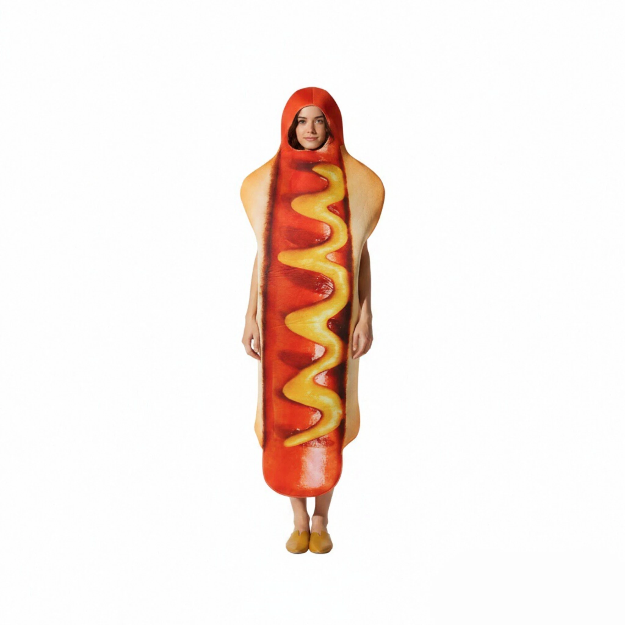 Funny 3D Print Hot Dog Hooded Costume Loose Sleeveless Food Outfit Men Women Halloween Cosplay Carnival Novelty Party Dress Up view 5