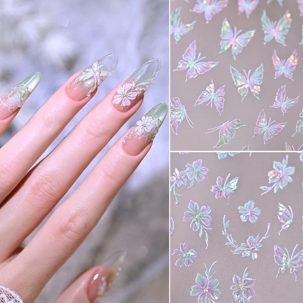 

5D Gradient Pink Purple Aurora Shell Butterfly Nail Stickers Shiny Iridescent Butterflies Floral Nail Decals Adhesive Nail Decor