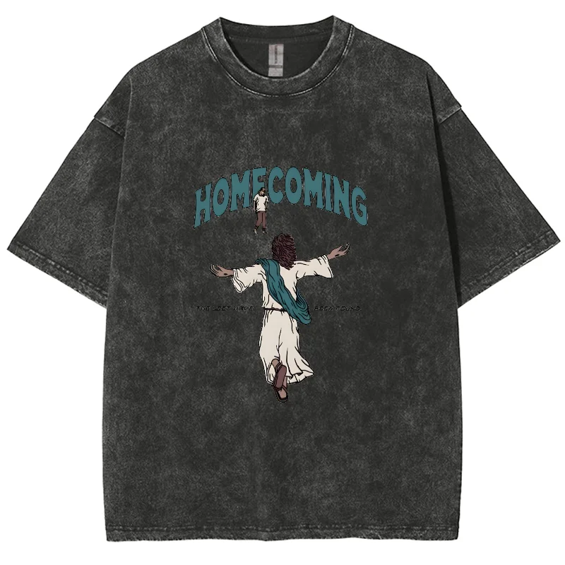 God Homecoming Y2K Washed Short Sleeves T-Shirt, Printed Creative Unisex Oversized Vintage Streetwear Plus-Size New Fashion Tee