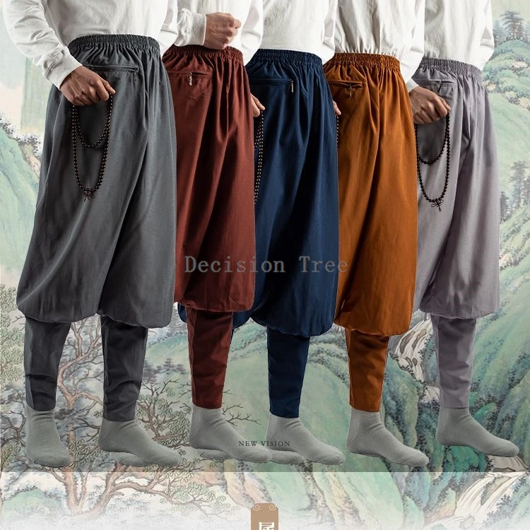 2024 chinese buddhism monk daily practice leggings pants comfortable linen men wushu trousers solid color simple casual pants