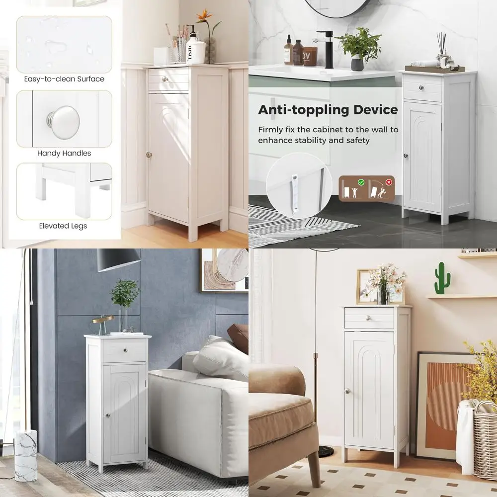 

Белый напольный шкаф для хранения в ванной комнате с выдвижным ящиком и регулируемыми полками, с защитой от опрокидывания, подходит для гостиной