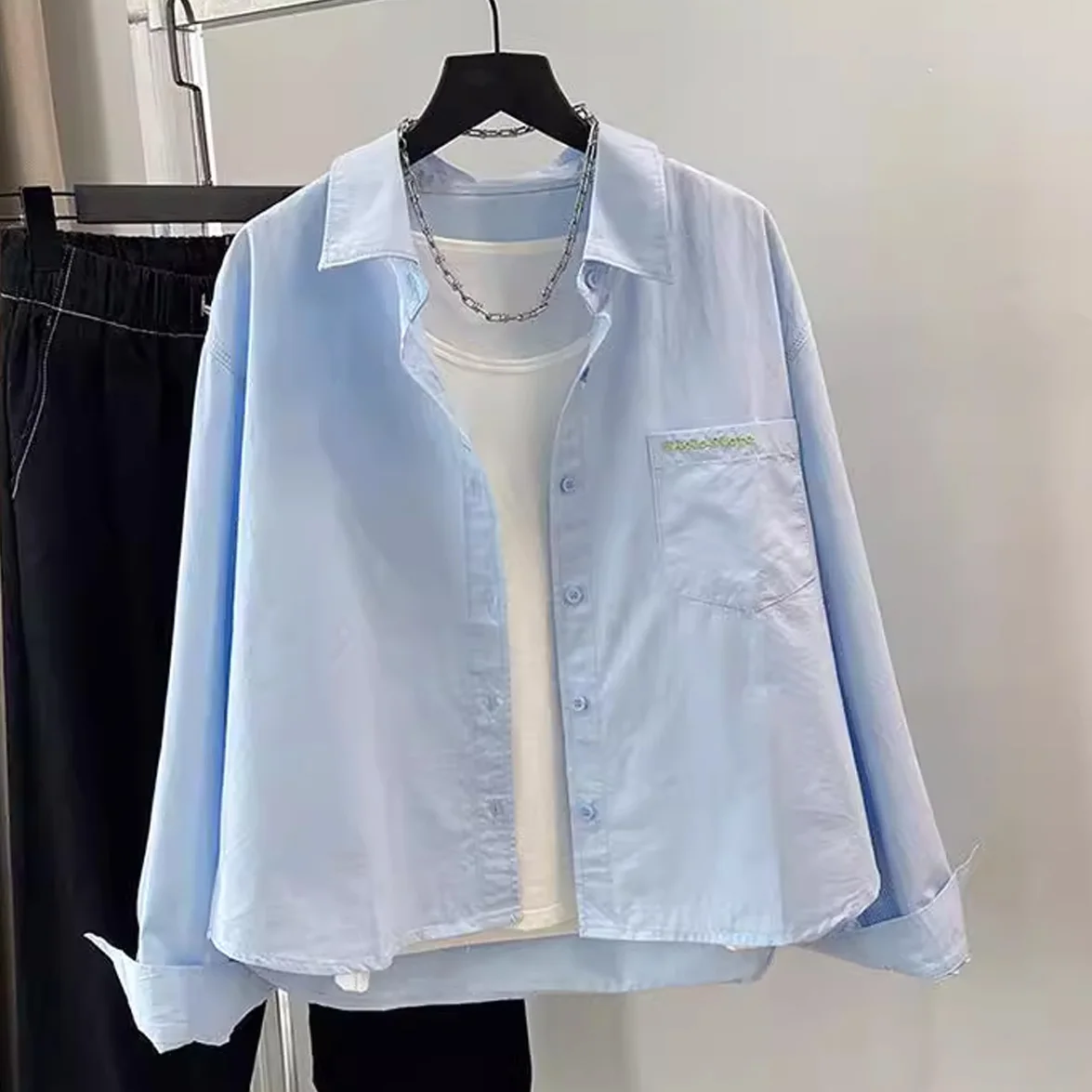 

Шикарная короткая вышитая рубашка-жакет для женщин: модный красивый топ, повседневный свободный крой, из чистого хлопка, с длинным рукавом