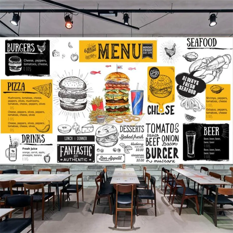 European and American Style Hand-painted Hamburger Custom Mural Wallpaper Fast Food Restaurant Industrial Decor Wall Paper