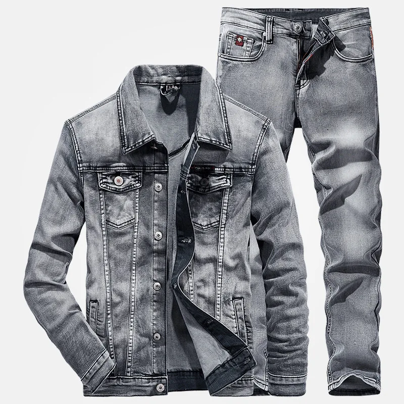 Men 2 Piece Sets New Simple Spring Autumn Smoky Gray Long Sleeve Denim Jacket + Jeans Fashion Slim Couple Denim Suit Ropa Hombre